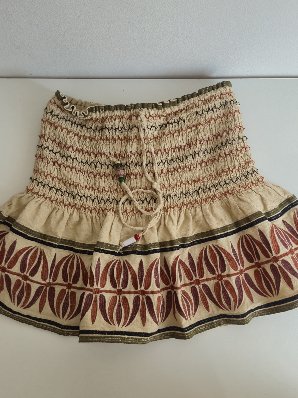 Zara Skirt, Boho Embtoidered Smocked Cream Mini Skirt , Shorts,with Rust Print,S